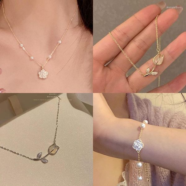 Chaînes perle fleur collier femmes luxe tulipe Rose élégant pull chaîne accessoires saint valentin mode bijoux cadeau