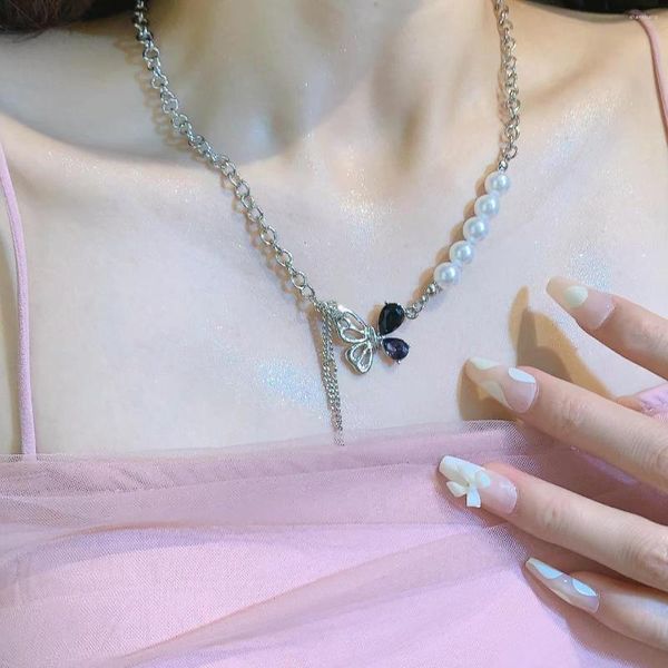 Chaînes perle chaîne en métal collier ras du cou pour femme Punk cristal noir papillon filles bijoux Kpop Collares accessoires cadeaux