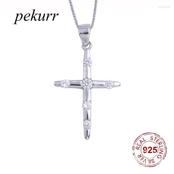 Chaînes Pekurr 925 Sterling Silver 6 Zircon Gems Big Cross Colliers pour femmes Femme Pendentifs Longue chaîne Collier Fine Bijoux