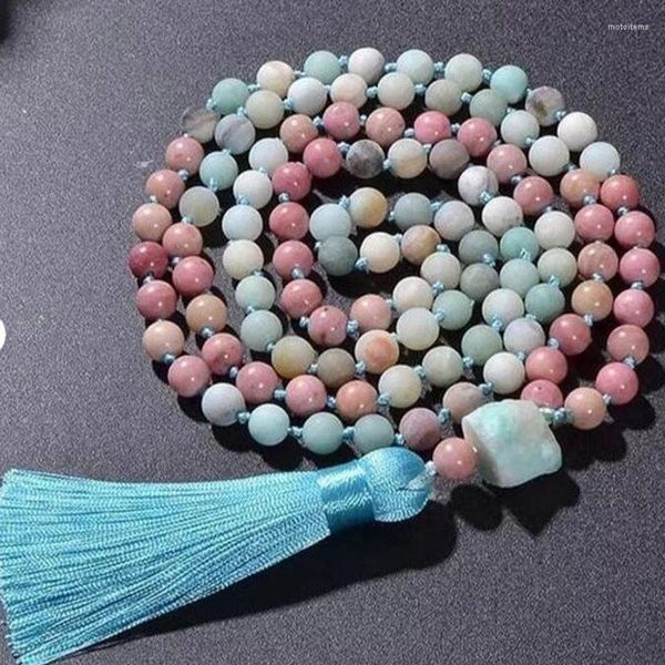Chaînes Rose Et Bleu Noué À La Main Amazonite Rhodonite Calme 108 Perles Collier Pendentif Brut Tassl Mala Colliers Cadeau