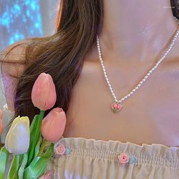 Chaînes Rose Coeur Tulipes Fleur Perle Collier Ras Du Cou Doux Élégant Cadeau Pour Les Femmes Bijoux Corée Mode Fête