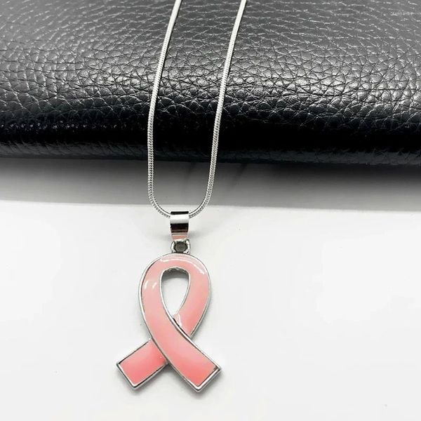 Chaînes Rose Strass Émail Ruban En Métal Pendentif Collier De Bijoux De Sensibilisation Au Cancer Du Sein