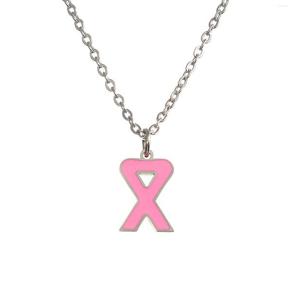 Cadenas Cinta rosa Concientización Collar de acero inoxidable para mujeres Prevención del cáncer de mama Collares apilados de estrella rosa