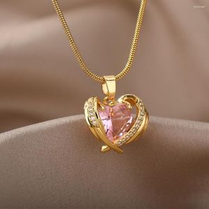 Chaînes Rose Zircon Coeur Colliers Pour Femmes En Acier Inoxydable Chaîne Rose Fleur Pendentif Chocker Collier Élégant Bijoux Cadeau 2023