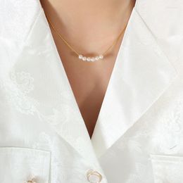 Catene placcate in vero oro al titanio Collana a catena fine in acciaio al titanio per le donne Moda semplice girocollo in perle d'imitazione regalo di gioielli personalizzati