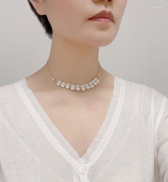 Chaînes post thyroïde cicatrice bloquant perle sourire clavicule collier avec placage or 14k pour les femmes doux et polyvalent