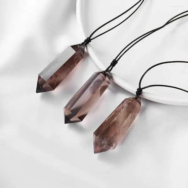 Chaînes Prisme Hexagonal Cristal Pendentifs Fumé Quartz Naturel Chakra Pierre Thé Énergie Amulette Collier Double Point