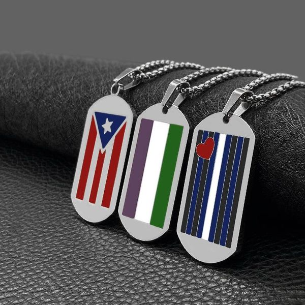 Cadenas Bandera Nacional de Puerto Rico Collares con colgante de acero inoxidable Color plata PR Ricans Dog Tag Bar Collar Gargantilla Joyería