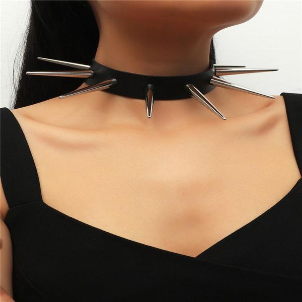 Chaînes Punk Big Black Metal Spike Rivets Rock Gothic Sautoirs PU Cuir Stud Collier Collier Ras Du Cou Déclaration BijouxChaînes