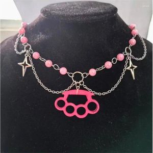 Chaines Punk Gothic simulé Perles Rose Red Knuckle Chokers Colliers pour femmes Cross Star Jewelry Accessoires Matériau en alliage