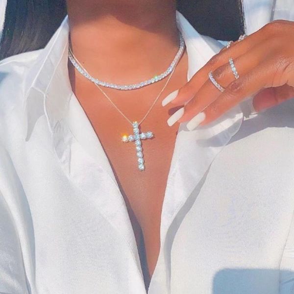 Chaînes Punk couleur argent croix strass pendentif collier pour femmes multi-couche cristal chaîne mode déclaration bijoux cadeau
