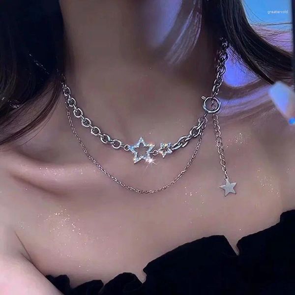 Chaînes Punk Star Couches Gland Collier Ras Du Cou Y2k Bijoux Pour Femmes 2023 Mode Pentagramme Couleur Argent Chaîne Zircon Charme