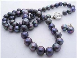 Chaînes Pur Naturel 9-10mm Tahiti Noir PERLE COLLIER BOUCLES D'OREILLES ENSEMBLE 18 