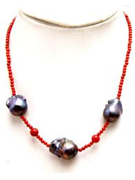 Chaînes Qingmos Baroque 14 25mm Naturel Black Pearl Pendentif Collier pour femmes avec 3-4mm Corail Rouge Bijoux Bijoux