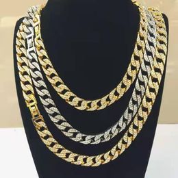 Chains Rapper Hip Hop Iced Out Pave Righestone 15 mm Miami Curb Cuban Link Chain Gold Sliver Colliers For Men Women Jewelry Set C1497138