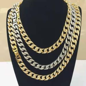 Kains rapper Hip Hop Iced Out Out Varoned Rhinestone 15mm Miami Curb Cuban Link Chain Gold Sliver kettingen voor mannen Women Sieraden Set C3245