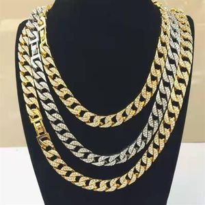 Cadenas Rapper Hip Hop Iced Out Pavimentado Rhinestone 15MM Miami Curb Cuban Link Chain Gold Sliver Collares Para Hombres Mujeres Jewelry Set C2865