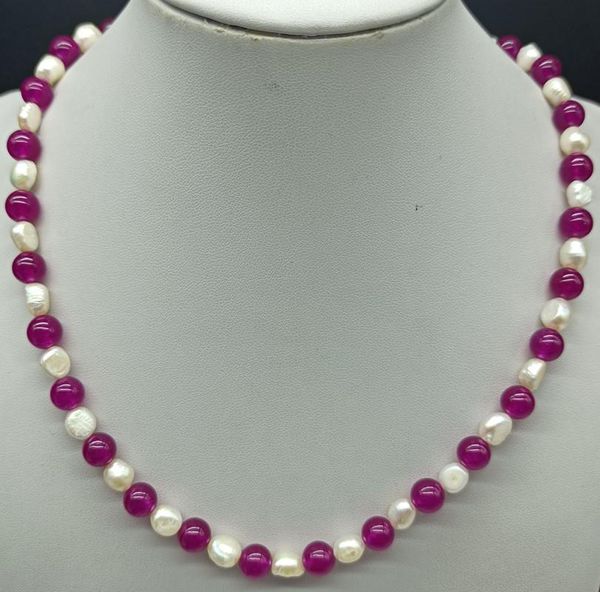 Chaînes Rare Blanc 7-8mm Perle de Culture D'eau Douce Rose Rouge 8mm Jade Perle Ronde Charme Collier 18 Pouces