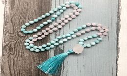 Chaines Colliers de suspension en pierre brute Colliers Rose Quartz et collier noué bleu 108 Perles Tassel Femmes Cadeau pour HER8767480