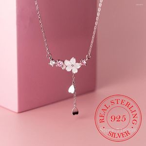 Chaînes réel 925 en argent Sterling fleur de cerisier coquille Long gland collier pour les femmes doux coeur pendentif clavicule chaîne tour de cou