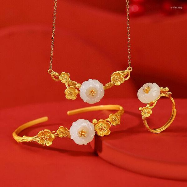 Chaînes véritable argent sterling 925 naturel blanc jade fleur bague bracelet ensemble de bijoux