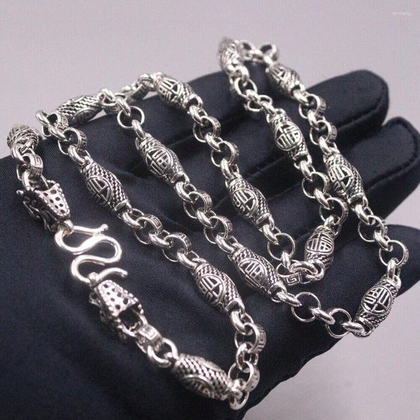 Chaînes véritable argent fin 999 7 mm FU ovale perle Rolo chaîne tête de dragon collier 23,6