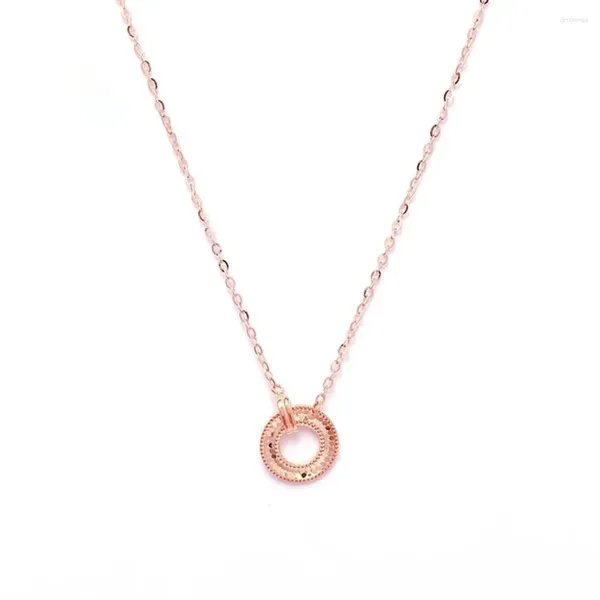 Chaînes véritable pur 18 carats chaîne en or rose femmes laser double cercle pendentif o lien collier 2.2g