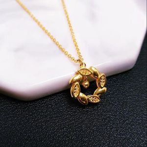 Chaînes véritable pur 18 carats chaîne en or jaune femmes perle feuille cercle pendentif o lien collier 3g