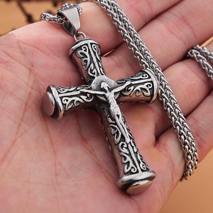 Cadenas Retro tallado Jesucristo Cruz colgante collar hombres mujeres moda acero inoxidable crucifijo religioso cristiano joyería cadenas