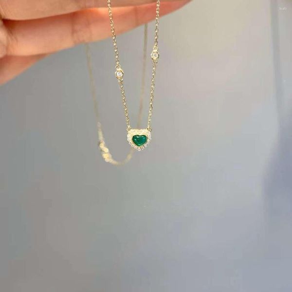 Chaînes rétro vert en forme de coeur Zircon pendentif 18K plaqué or collier pour femmes filles mariage fiançailles bijoux