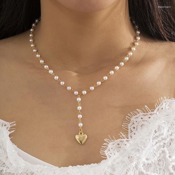 Cadenas Retro Retro Romántico Corazón Golden Charros Lariat y Collar para mujeres Regalo aniversario Rosario de perla larga Pearl Rosario Colgante