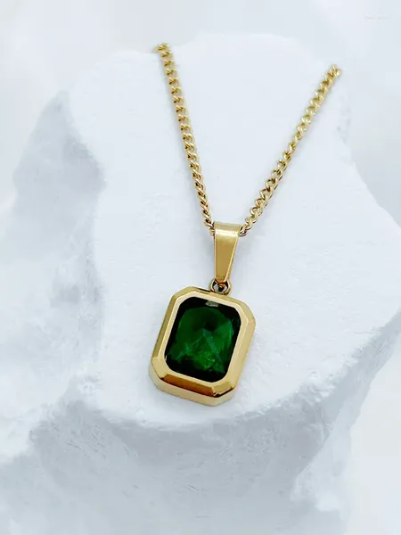 Chaînes rétro carré vert zircon pendentif géométrie collier pour femmes titane acier bijoux de fiançailles de mariage