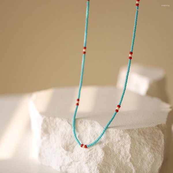 Chaînes RHYSONG Style ethnique fait à la main coloré bleu perles de rocaille collier bohème en acier inoxydable bijoux pour femmes fête de vacances