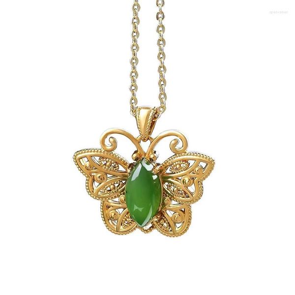 Chaînes RUIYI Réel 18K Or Pendentif Collier Vintage Filigrane Évider Jasper Papillon Pur AU750 Chaîne Femmes Fine Jewelry Gift