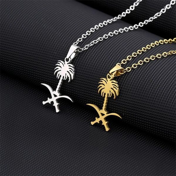 Chaînes Arabie Saoudite Emblème National Symbole Pendentif Collier Royaume De Badge Charme Bijoux Titane Acier Arabe Accessoire