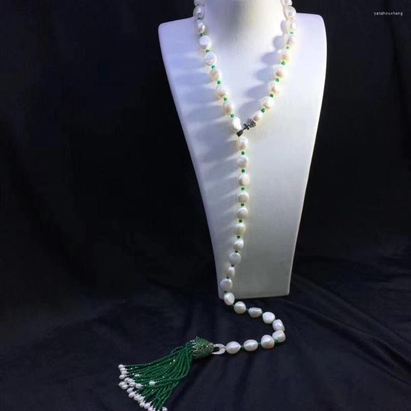 Chaînes Vendre 10-11mm Blanc Baroque Perle d'eau douce Collier de pierre verte Zircon Accessoires Tête de léopard Boucle Pendentif Pompon