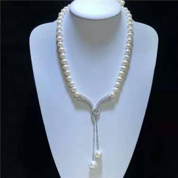 Chaînes Vendre 53-55cm 8-9mm Perle d'eau douce blanche Micro Inlay Zircon Collier Bijoux de mode