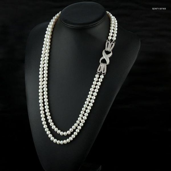 Chaînes vendent naturel 7-7.5 Mm blanc collier de perles d'eau douce huit boucles multicouche chandail chaîne longue bijoux de mode