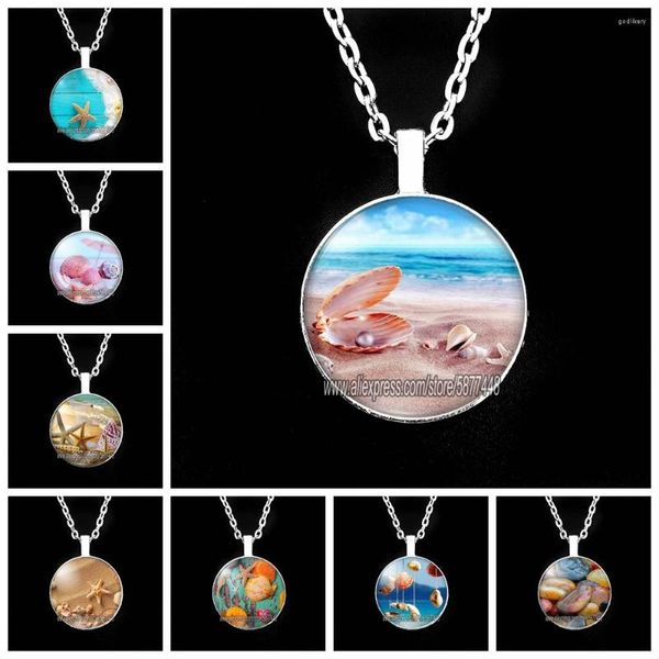 Chaînes Brillant Plage Remplissage Avec Coquillage Et Étoile De Mer Fille Collier Chaîne D'été En Verre Cabochon Pour Les Femmes