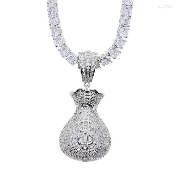 Cadenas Color plata dinero bolsa colgante collar con cuerda de tenis cadena Iced Out Bling Cubic Zirconia encanto Hip Hop para hombres joyería