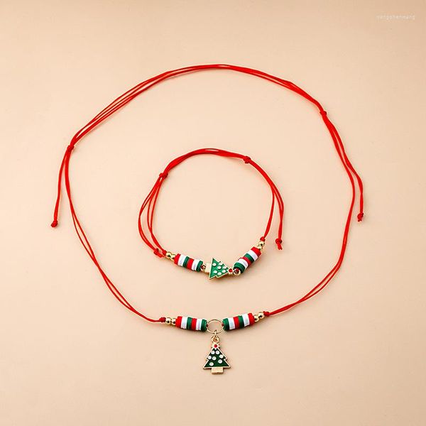 Chaînes simples 2pcs bracelet de Noël collier ensemble pour femmes chanceux corde rouge tressé père noël année bijoux cadeau