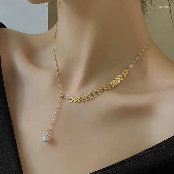 Cadenas Simple y de moda Ajustable en forma de Y Trigo Oreja Collar de perlas Conjunto Pendientes Mujer Estilo europeo americano largo