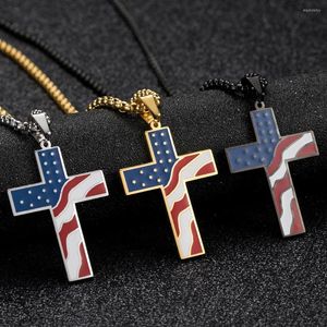 Cadenas Simple Esmalte Epoxi Cruz Hombres Colgante Encantos Bandera Americana Titanio Acero Collar Joyería Regalo