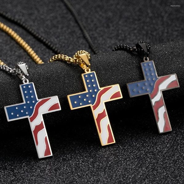 Chaînes Simple Émail Époxy Croix Hommes Pendentif Charmes Drapeau Américain Titane Acier Collier Bijoux Cadeau