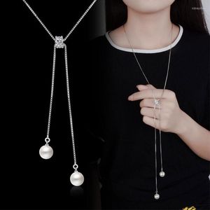 Chaînes Simple Mode 925 Collier En Argent Sterling Zircon Perle Chandail Longue Chaîne Colliers Pour Femmes Ras Du Cou Collares Cadeau