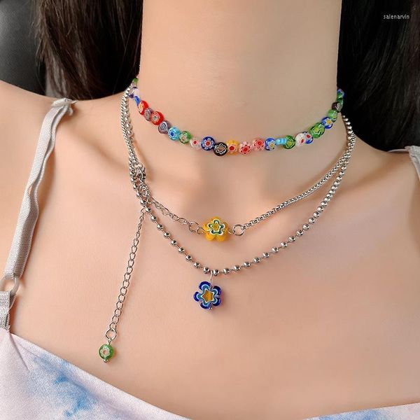 Cadenas Flores simples Cuentas Bohemia Gargantilla corta Cadena Margarita Boho Encanto Collar Colorido Hecho a mano Collar Joyería Femme