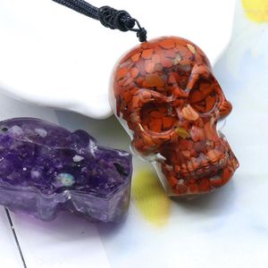Cadenas de resina en forma de calavera geométrica piedra de cristal Natural energía colgante collares péndulo joyería de Halloween para hombres y mujeres
