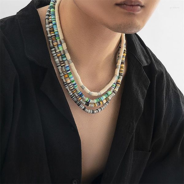 Chaînes Doux Poterie Perles Collier Pour Hommes Bohème Style Ethnique Mélange Couleur Polymère Argile Plaqué Or Perlé Strand Tour De Cou Bijoux D'été