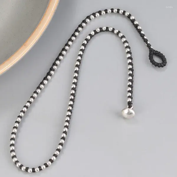 Chaînes en argent sterling 925 massif, perle de 3 mm avec cordon de cire, collier de 15,7 pouces fait à la main