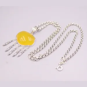 Chaînes Solide 925 Sterling Silver Naturel Jaune Calcédoine Pendentif Rolo Link Chain